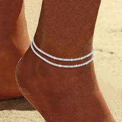 3pcs Simple Wave Glitter Anklet Set For Women Silver Color Sparkling Rhinestone Bracelet On Leg Trendy Summer Beach Jewelry 2024