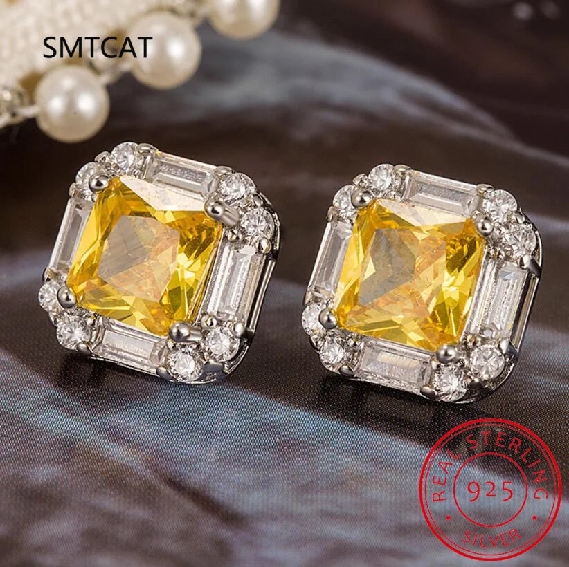 Chic 100% 925 Sterling Silver Citrine High Carbon Diamonds Gemstone Earrings Ear Stud We detail view