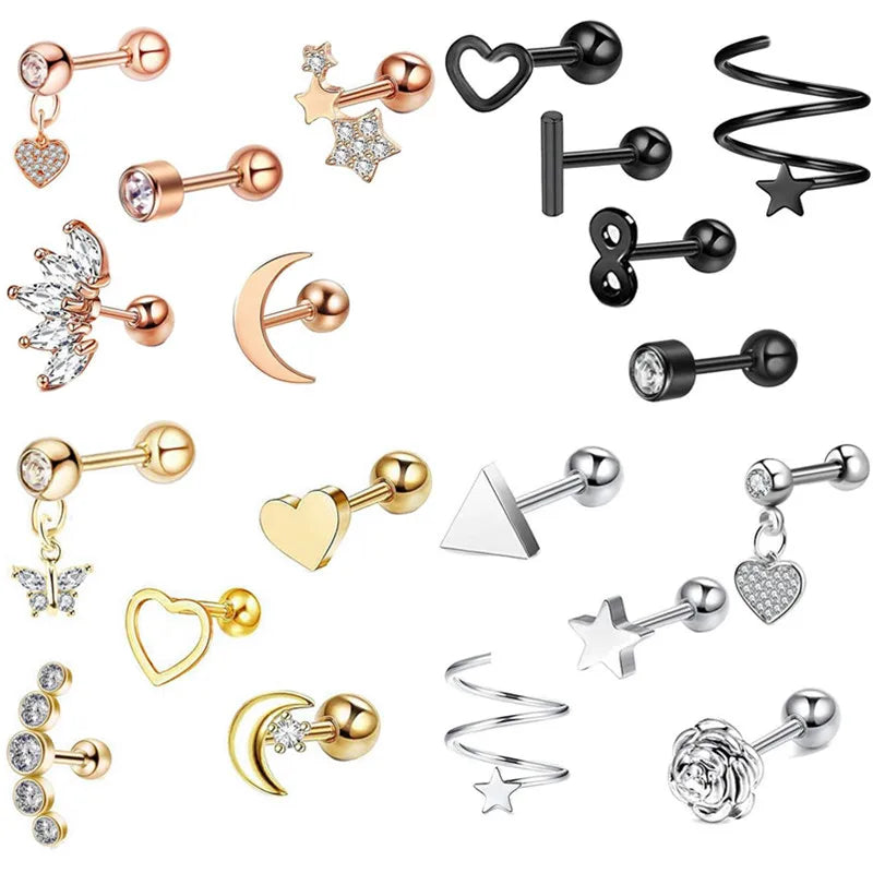 5PCS Heart Tragus Piercing Stud Earring Set Small Lobe Stud Earrings Cartilage Piercing Helix Jewelr