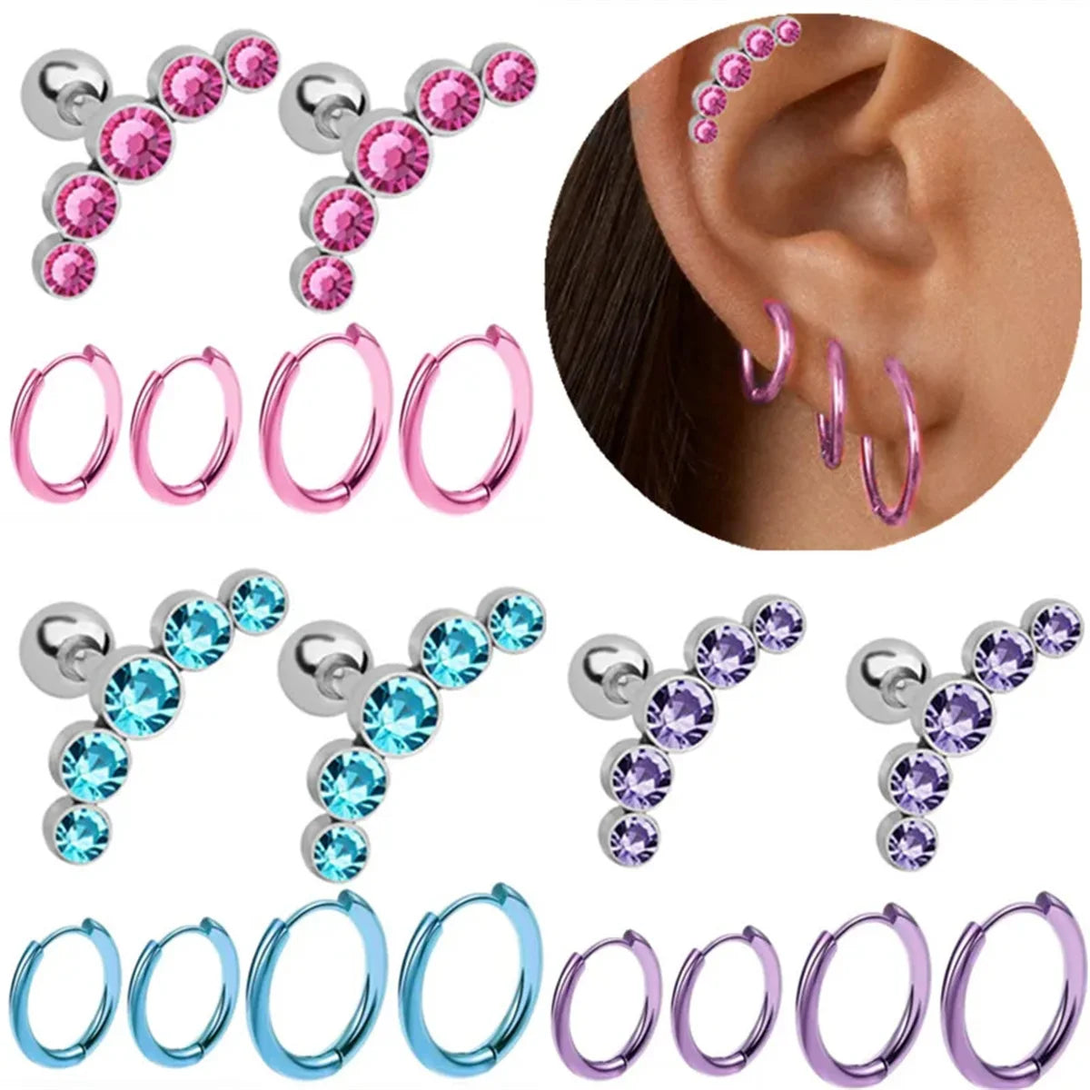 EVISPOL 6Pcs Fashion Stainless Steel Colorful Crystal Tragus Stud Earrings Set Helix Cartilage Huggi