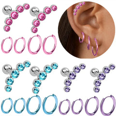 EVISPOL 6Pcs Fashion Stainless Steel Colorful Crystal Tragus Stud Earrings Set Helix Cartilage Huggi