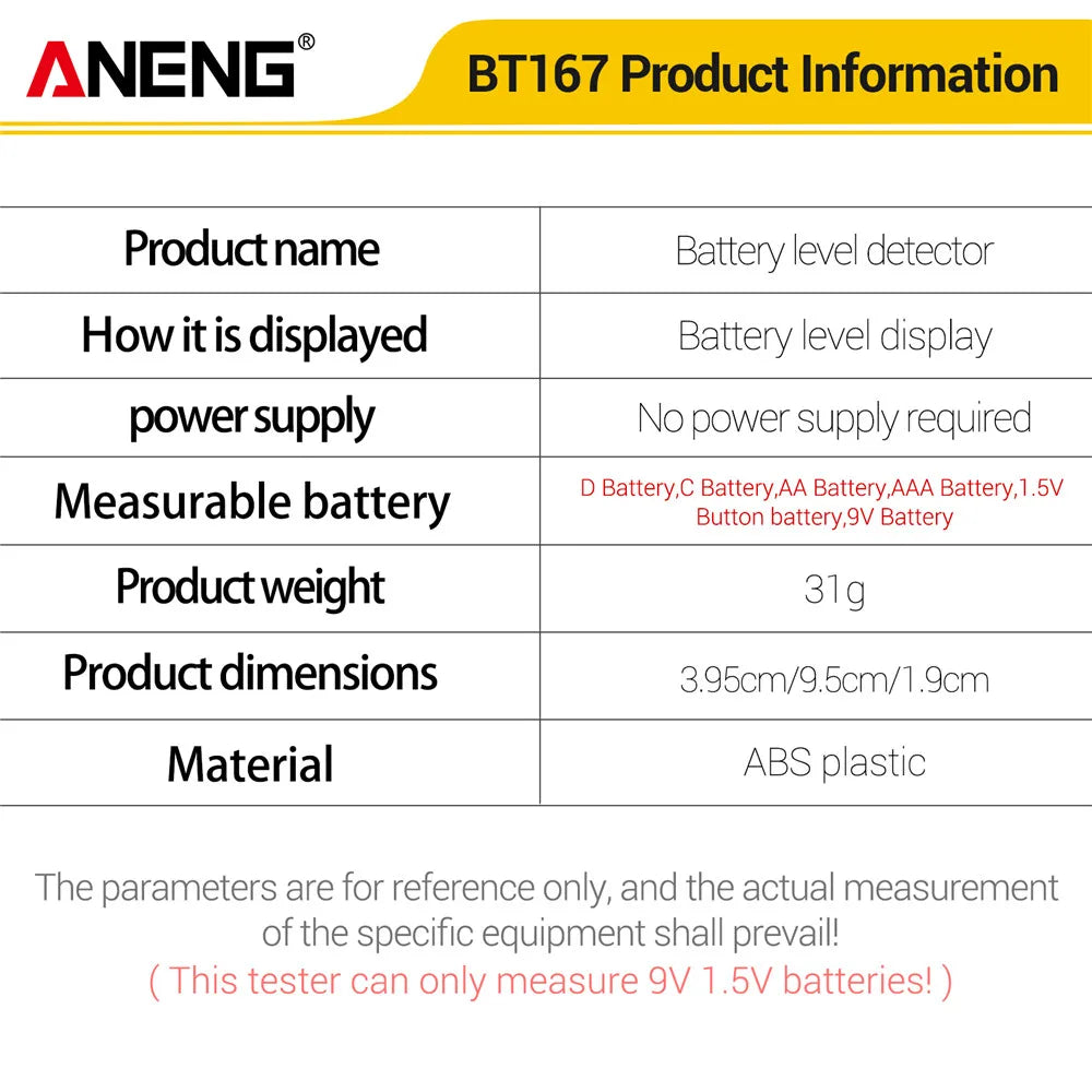 ANENG BT167 Battery Level Detector | Multifunctional Battery Tester for 1.5V and 9V additional angle