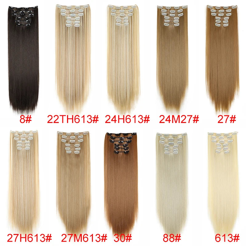 Synthetic 24 Inch Clip In Hair Extensions | Long Straight Blonde Black Heat Resistant alternate view