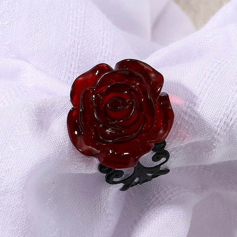 Punk Gothic Red Rose Ring Adjustable Hollow Rings for Women Witch Pagan Vintage Creat lifestyle view