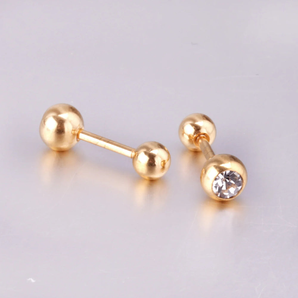 LUXUSTEEL White Black Crystal Earrings | Stainless Steel Round CZ Studs with Screw Bac close-up view