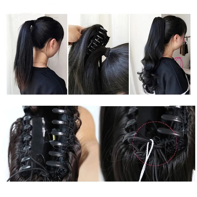 10Inch Synthetic Short Wavy Curly Ponytail Claw Clip in Hair Extension Brown Blonde additional angle