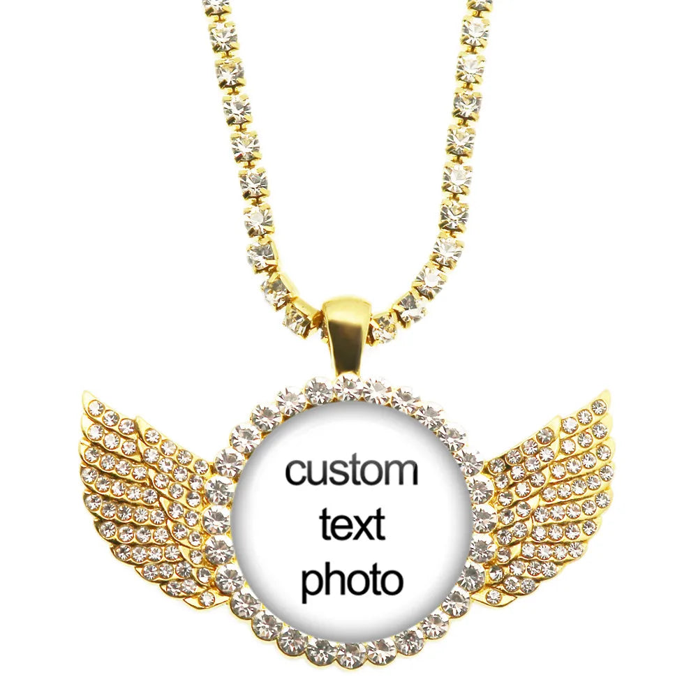 Custom Photo Necklace Crystal Angel Wing Personalized Glass Cabochon Pendant Necklace Baby Mom Dad F