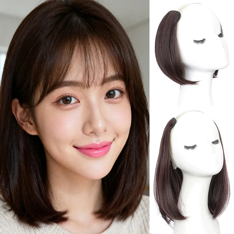 8Inch/12Inch Synthetic Short Straight Hair Pieces Invisible Clip In Hair Pad High Hair close-up view