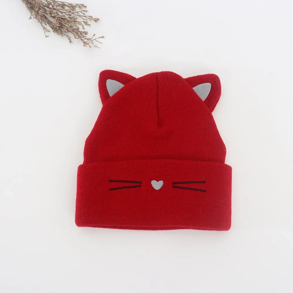 Baby Cartoon Cat Ears Knitted Hat | Warm Cotton Beanie for Toddlers close-up view