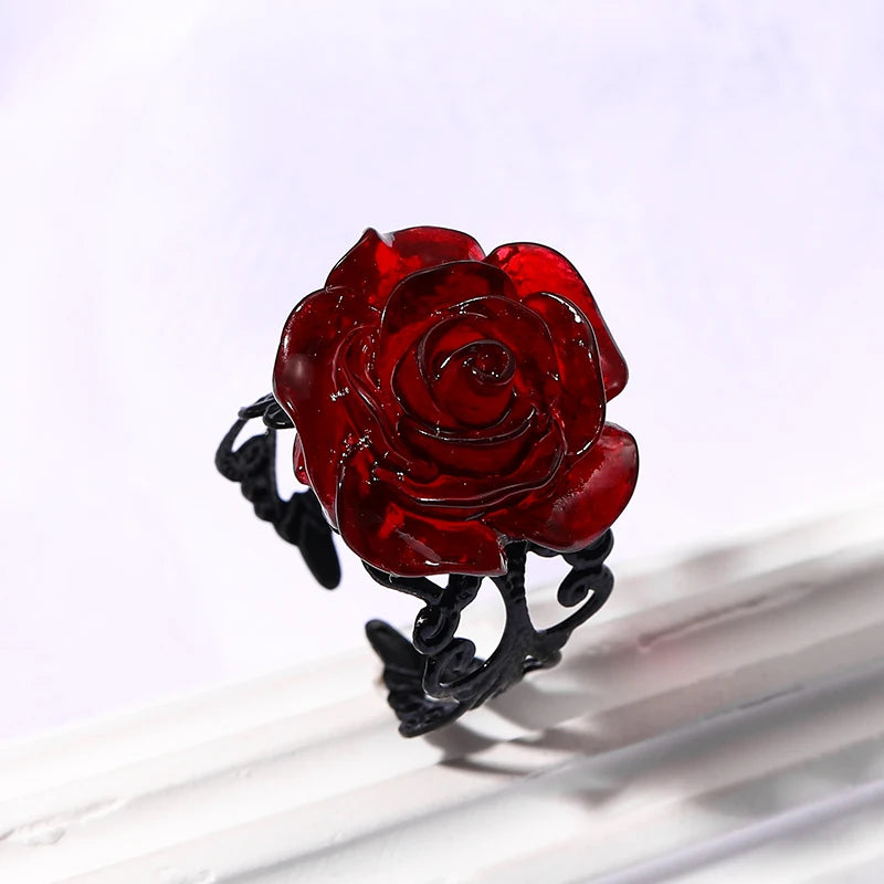 Punk Gothic Red Rose Ring Adjustable Hollow Rings for Women Witch Pagan Vintage Cre additional angle