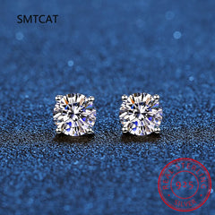 Real Moissanite Stud Earrings 14K White Gold Plated Sterling Silver 4 Prong Diamond E alternate view