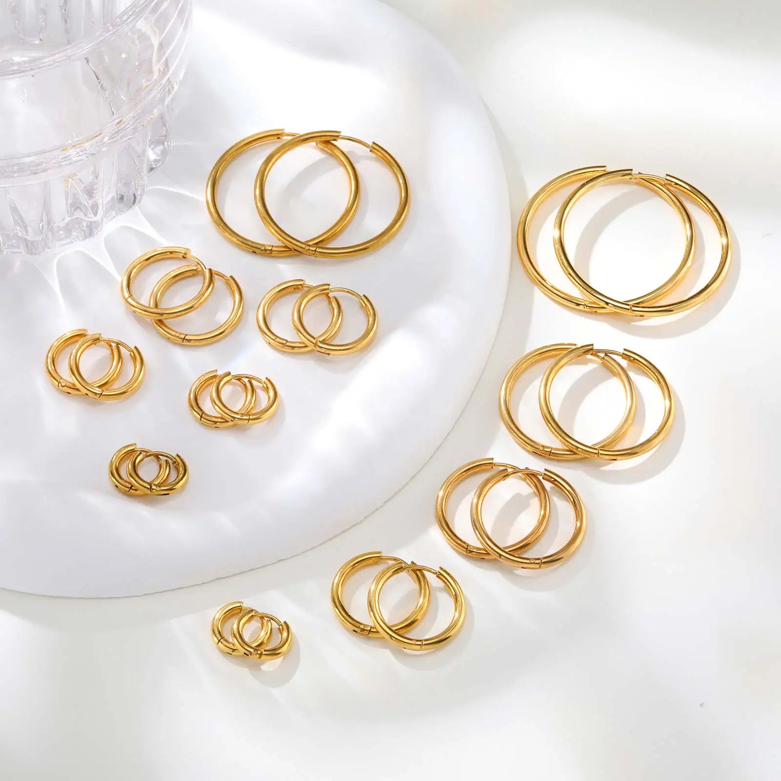 1Pair Round Circle Small Hoop Earrings for Women Men, Gold Plated Stainless Steel Large Earrings, Hy