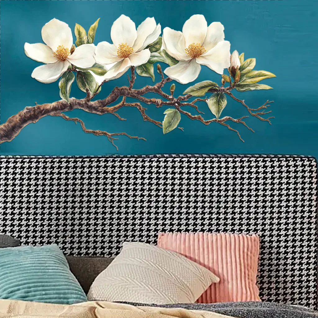 Elegant White Magnolia Blossom Wall Decal | Self-Adhesive Removable PVC Sticker lifestyle view