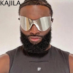 Oversized Punk Rimless Sunglasses | Y2K UV400 Mirror Lens Shades close-up view