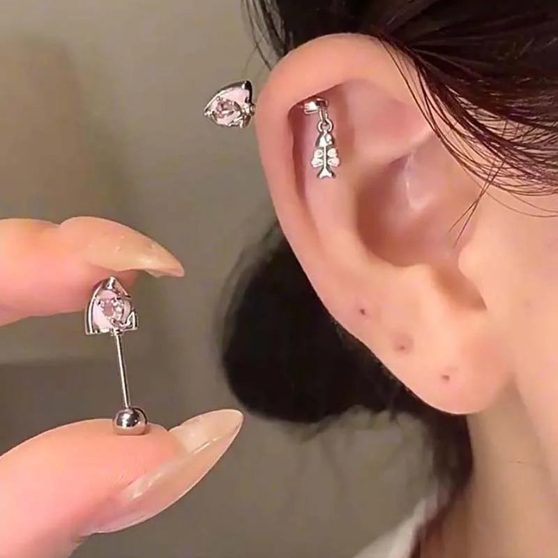 Stainless Steel Pink Zircon Ear Bone Nail for Women Sweet Cute Metal Geometric Personali detail view