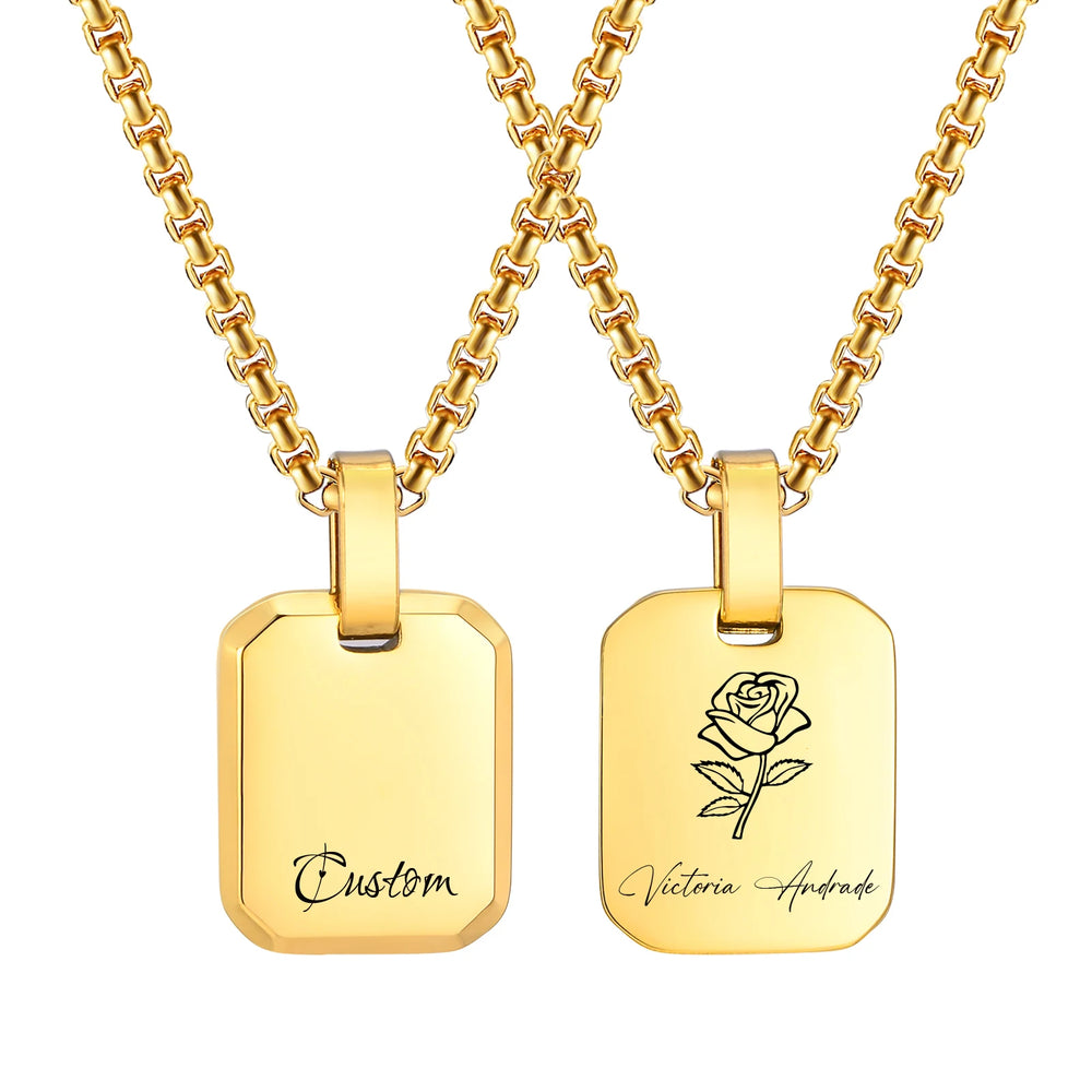 Engrave Square Necklace Personalized Tag ID Pendant, Stainless Steel Gold Plated Jewelry for Women M