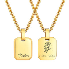 Engrave Square Necklace Personalized Tag ID Pendant, Stainless Steel Gold Plated Jewelry for Women M