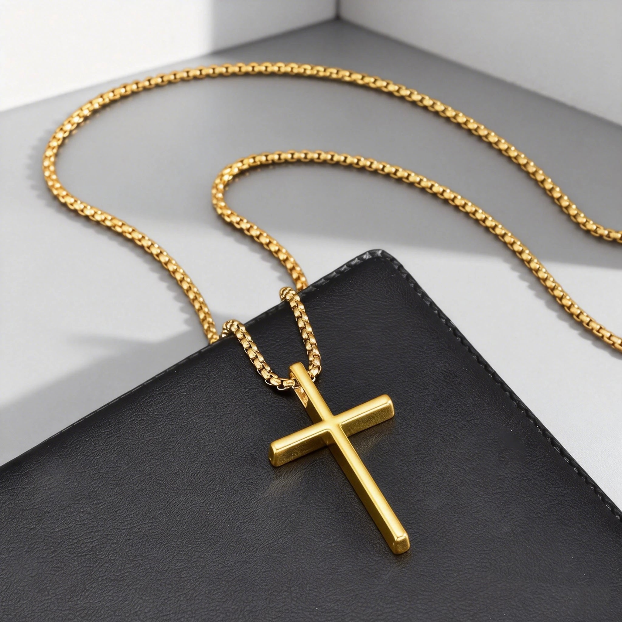 Fashionable Cross Pendant Necklace | Unisex Stainless Steel Box Chain close-up view