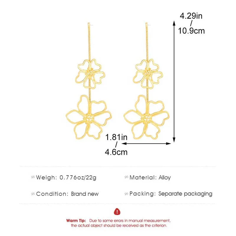 Exaggerated Metal Leaf Flower Drop Earrings for Women Fashion Gold Color Long Geome additional angle