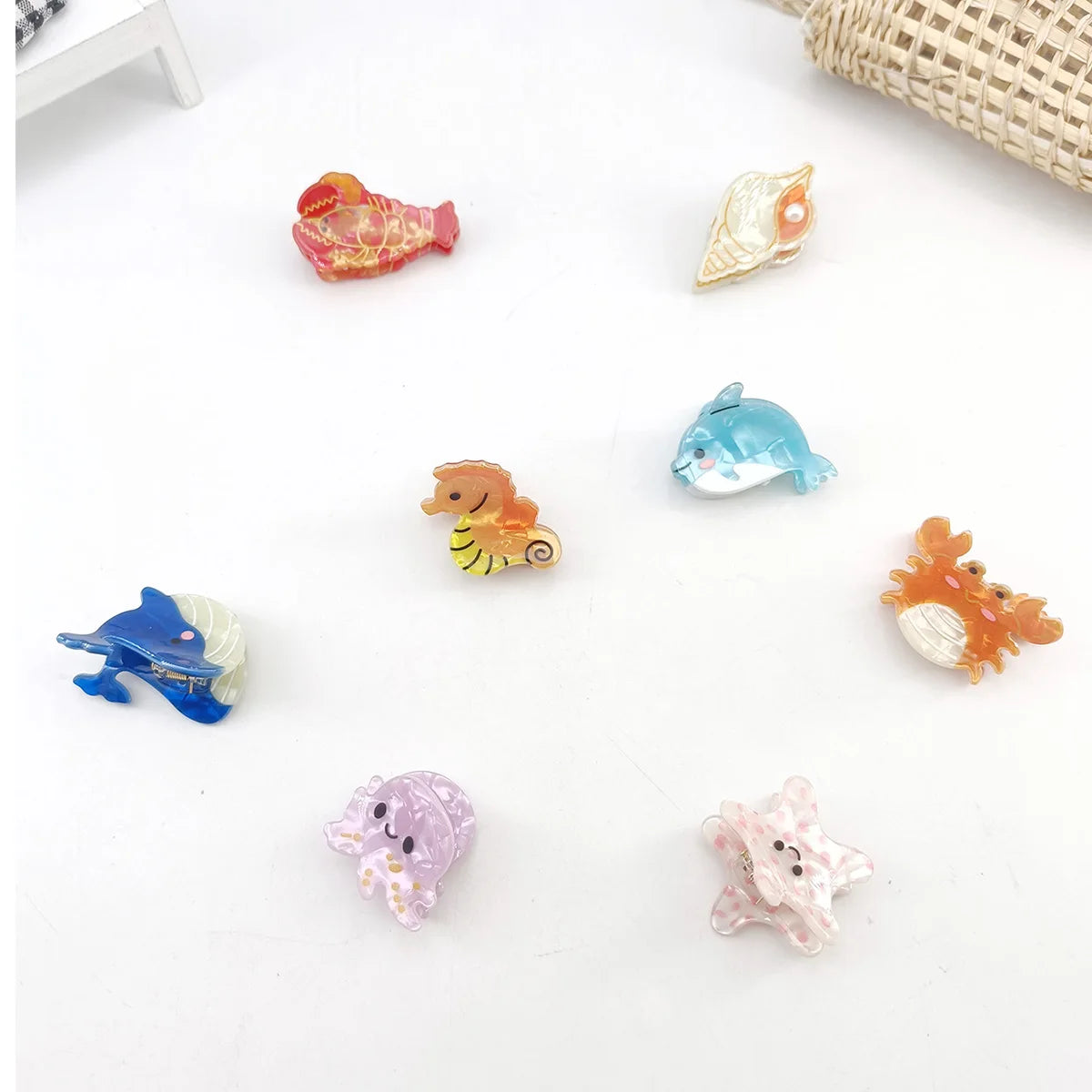 Small Delicate Cute Lovely Acetate Hair Clips Cartoon Whale Seahorse Crab Starfish Hai close-up view