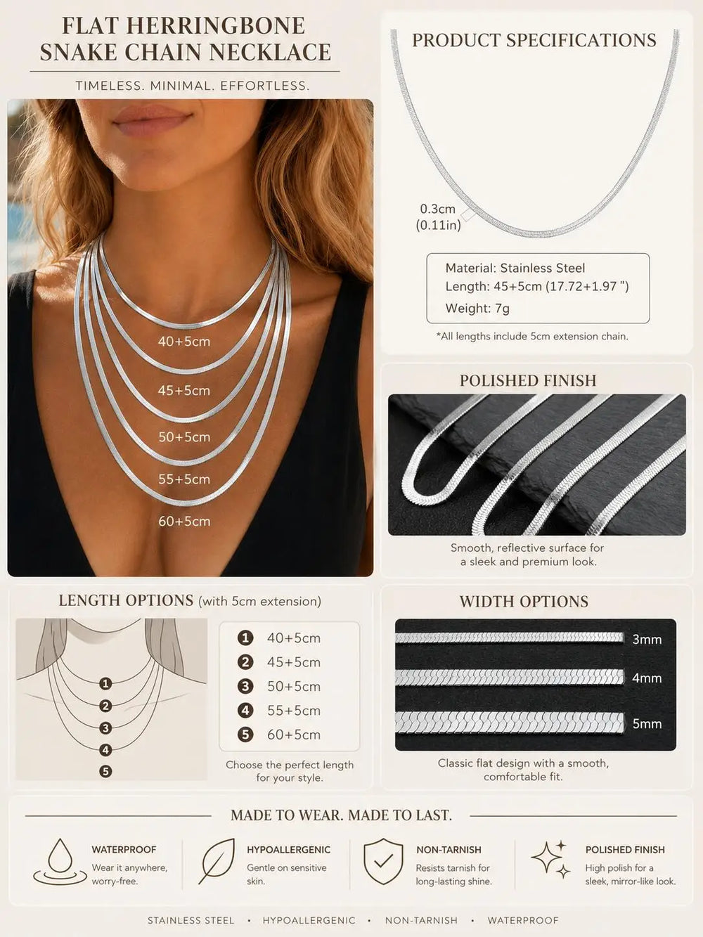 Stainless Steel Snake Chain Necklace for Women Men, Silver Color Herringbone Choker Flat detail view