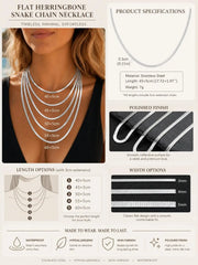 Stainless Steel Snake Chain Necklace for Women Men, Silver Color Herringbone Choker Flat detail view