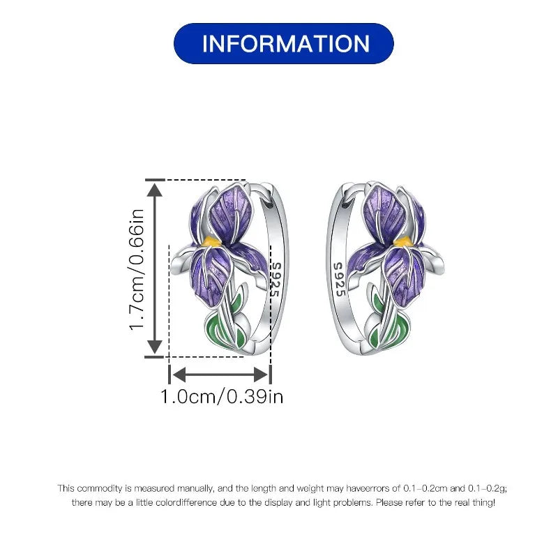 925 Sterling Silver Flower and Plant Series Purple Iris Earrings Exquisite Wedding additional angle