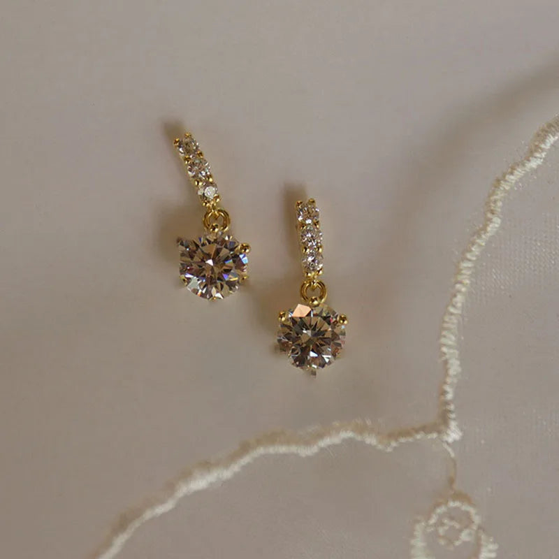 925 Silver Needle Simple Shiny Zircon Earrings Gold Plating Jewelry Crystal Stud Earri close-up view