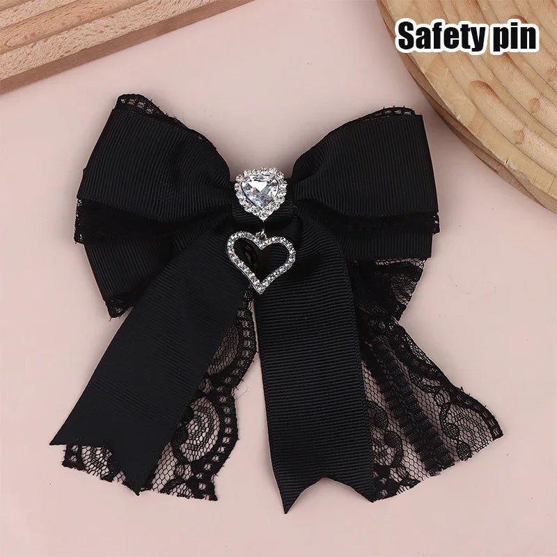 Women's Lace Bow Tie Brooches Hairclip Heart Shape Rhinestone Pendant Lolita Skirt additional angle