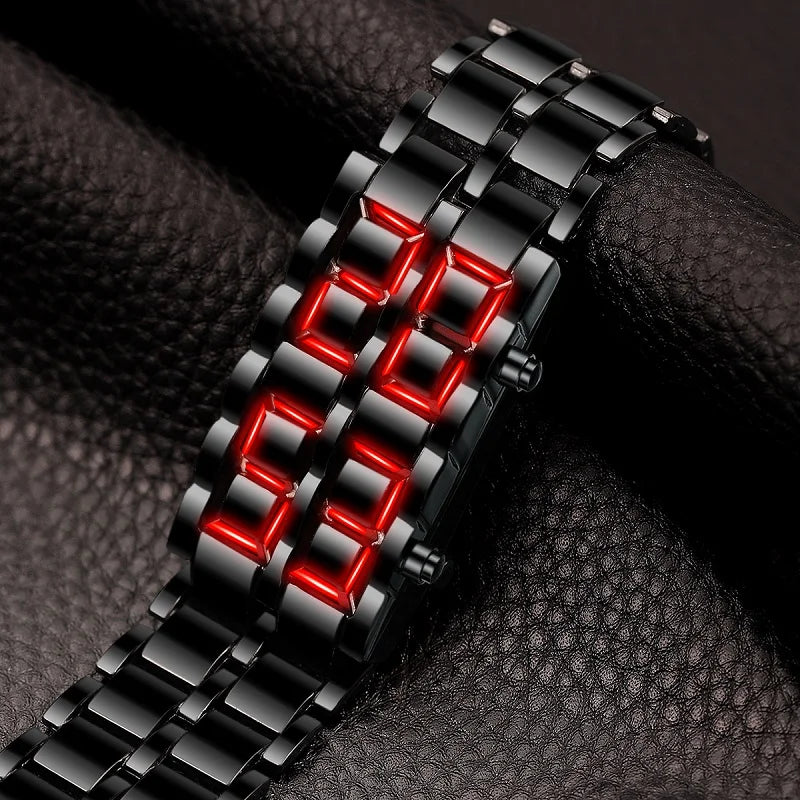 Fashion Mens Digital Lava Wrist Watch Men Black Full Metal Red Blue LED Display Watches detail view