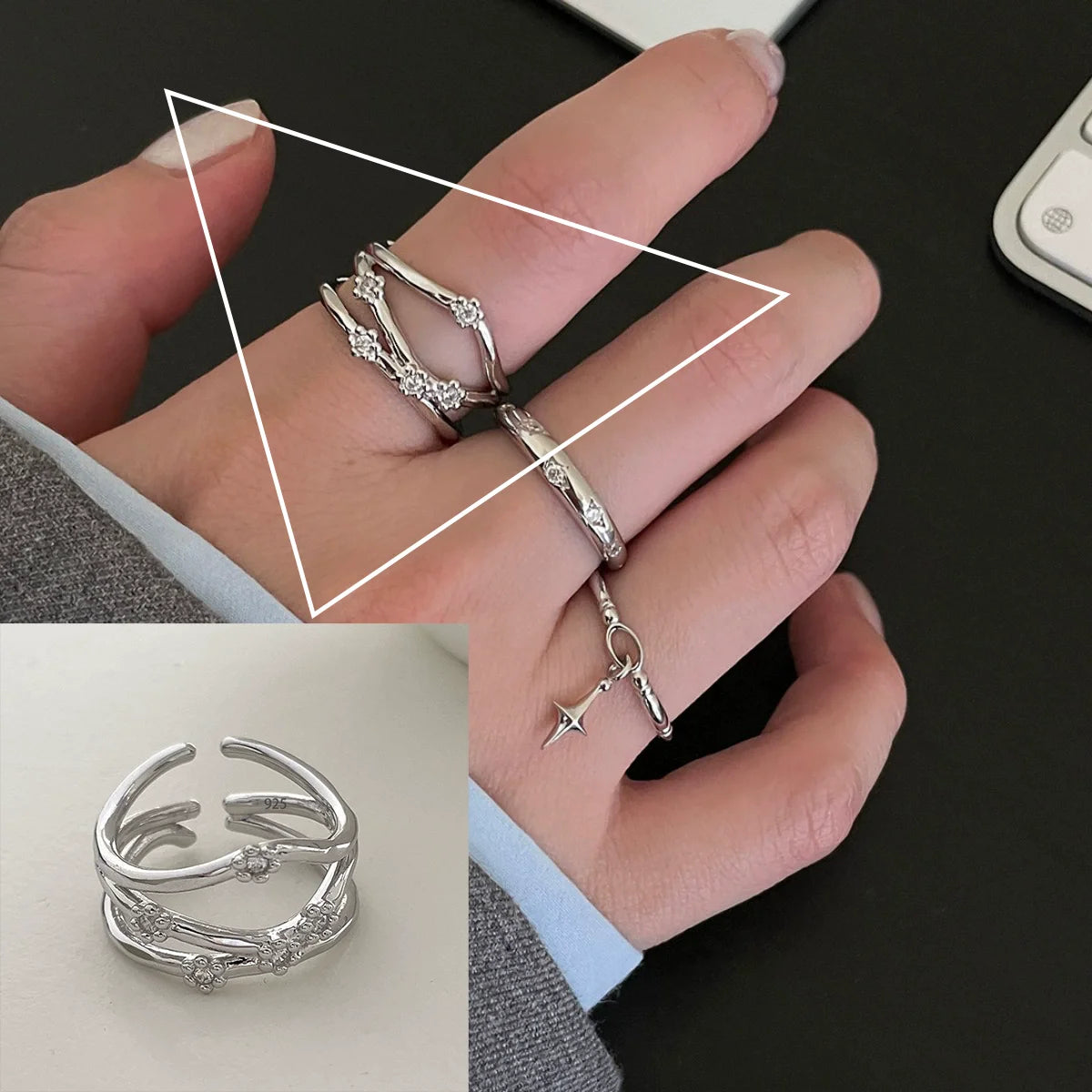 VENTFILLE 925 Sterling Silver Flower Lace Ring Korean Fashion Opening Inlaid CZ Adjus lifestyle view