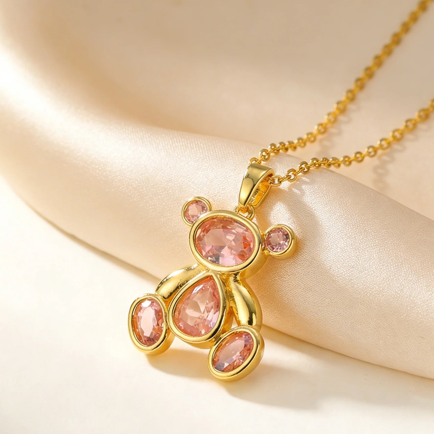 Delicate Cute Pink Zircon Bear Pendant Necklace for Women Girl, Stylish Animal Necklace, detail view