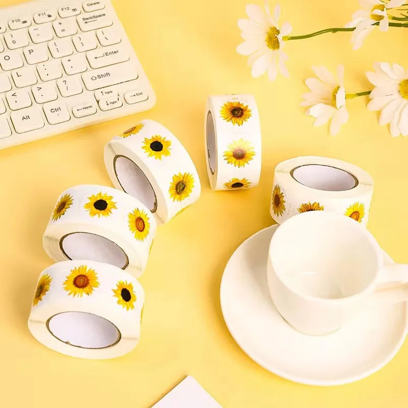 Sunflower Stickers Roll | 100-500PCS Small Labels for Packaging and Decor close-up view