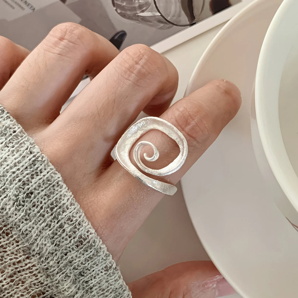 PANJBJ 925 Sterling Silver Frosting Geometry Ring for Women Wide Texture Versatile Ha alternate view