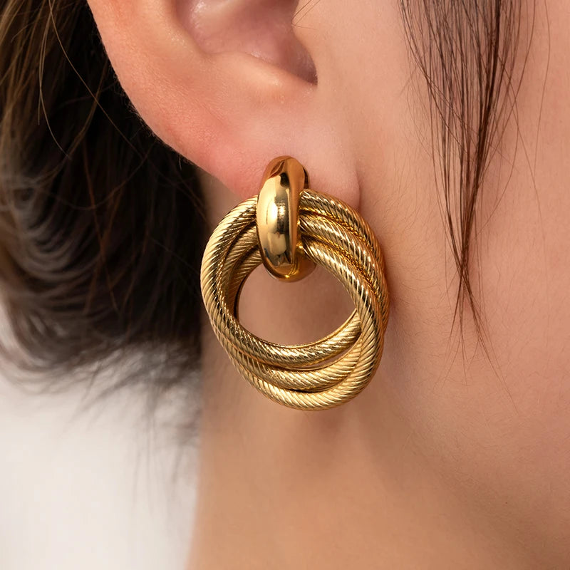 Stainless Steel Circular Splicing Earrings | Modern Geometric Drop Earrings additional angle