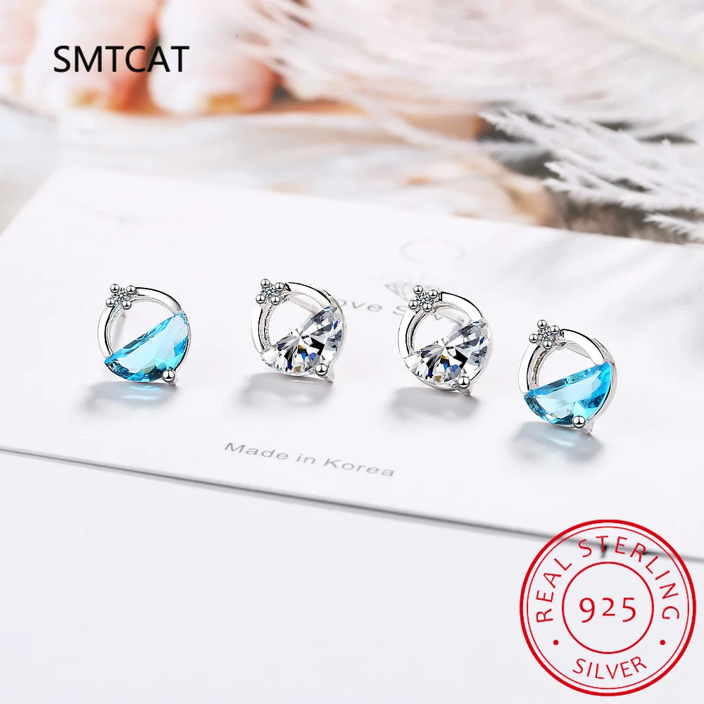 Half Round Natural Sky London Blue Topaz 925 Sterling Silver Spring Water Stud Earring close-up view