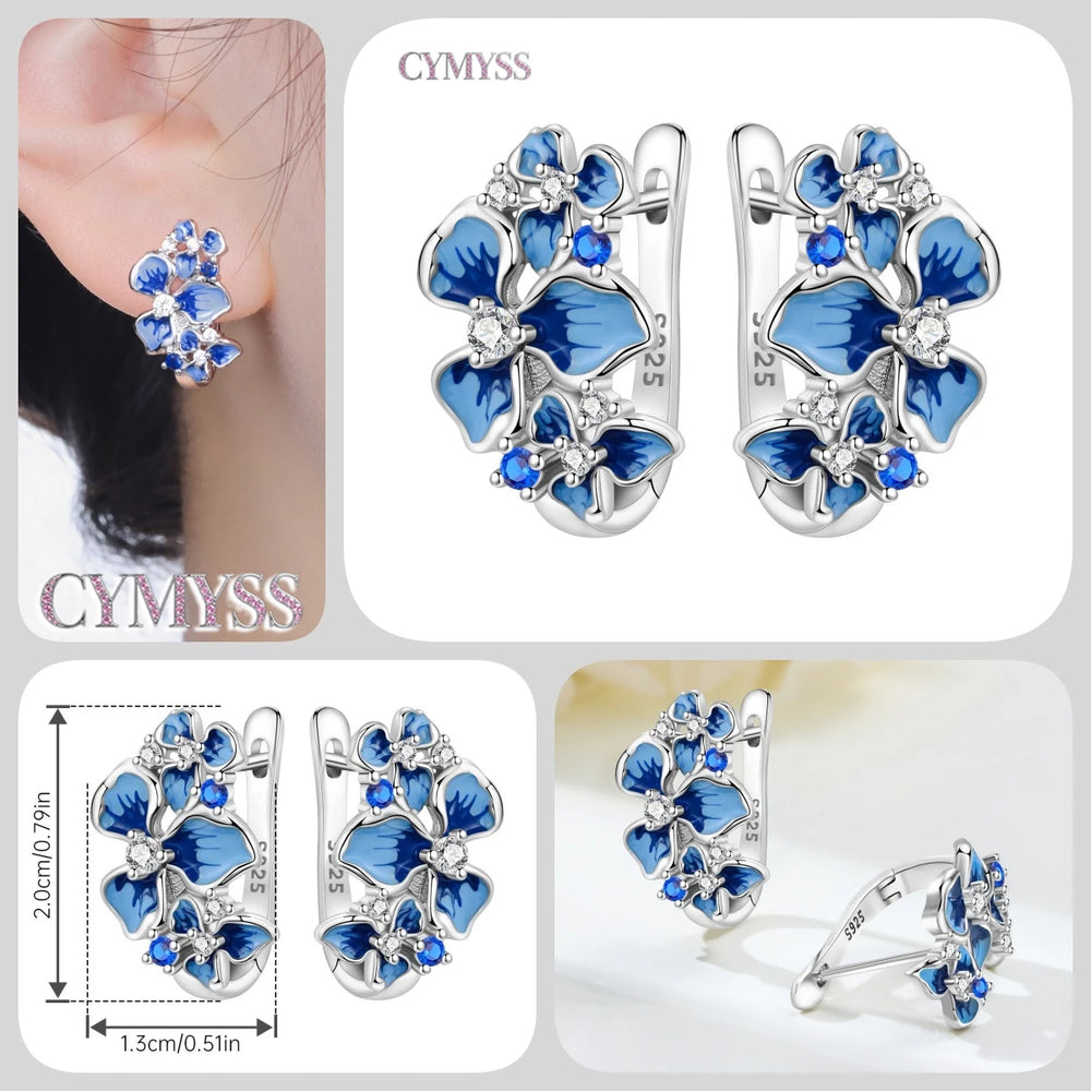 925 Sterling Silver Purple Flowers Plants Leaf Series Blue Iris Flower Earring Hoop Earr detail view