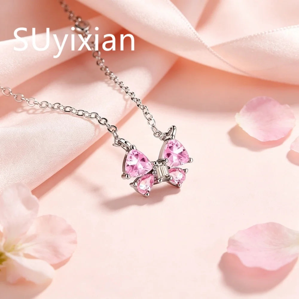 925 Sterling Silver Stylish Sweet Pink Bow Zircon Necklace Birthday Party Anniversary alternate view