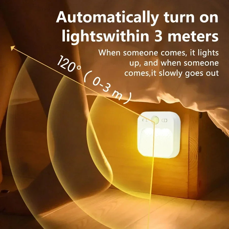 PIR Motion Sensor LED Night Light | USB Rechargeable Automatic Lamp for Bedroom, Stair close-up view