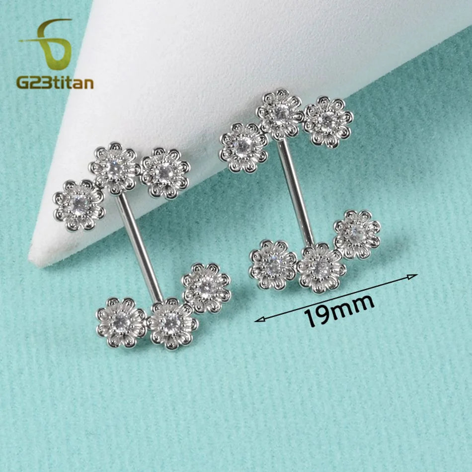 G23Titan 2pcs Zircon Flower Shape Nipple Rings 12-22mm Length 14G G23 Titanium Staigh alternate view
