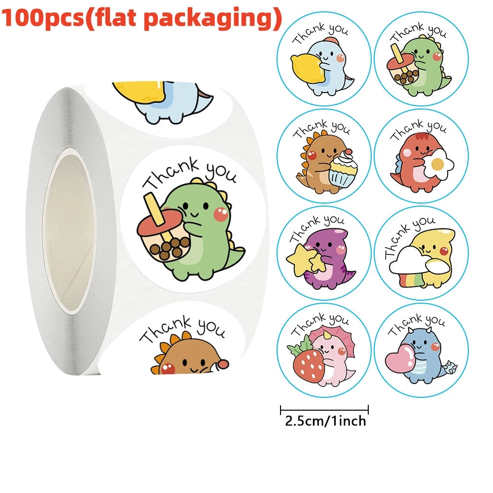 50/100/500pcs Cartoon Dinosaur Thank You Stickers | 1 Inch Round Labels for Packaging, G detail view
