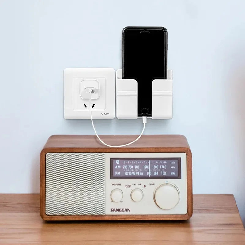 White Wall Mount Phone Holder with Lazy Desk Pad Remote Control Storage Box Punch F additional angle