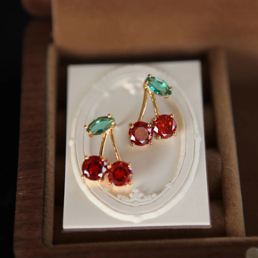 2024 Red Cherry Leaf Crystal Zircon Stud Earrings