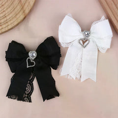 Women's Lace Bow Tie Brooches Hairclip Heart Shape Rhinestone Pendant Lolita Skirt Acces detail view