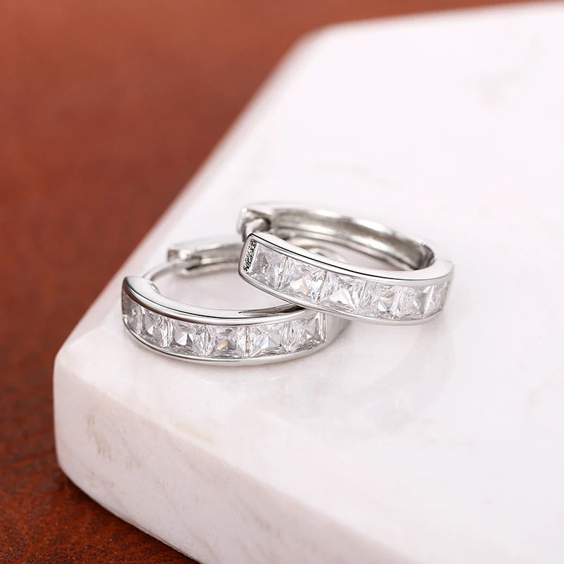 Huitan Hoop Earrings with Princess Cubic Zirconia Exquisite Ear Circle Earrings for Wo close-up view