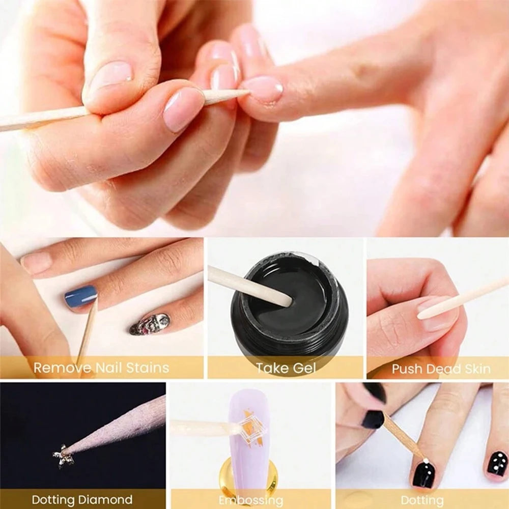 100PCS Cuticle Pusher Remover Nail Art Tools Beechwood Stick Sticks Rhinestones Pic additional angle