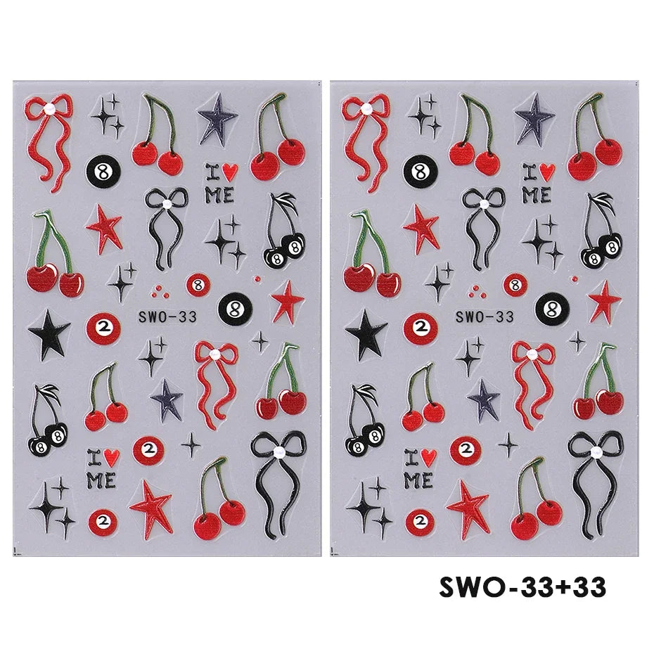 2pcs Sweet Element Nail Art Stickers Simple Flower Heart Cherry Strawberry Kawaii Dec alternate view