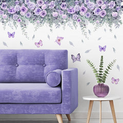 Purple Flower Wall Stickers Self Adhesive | Nordic Art Forest Butterfly Decals for Kids Room