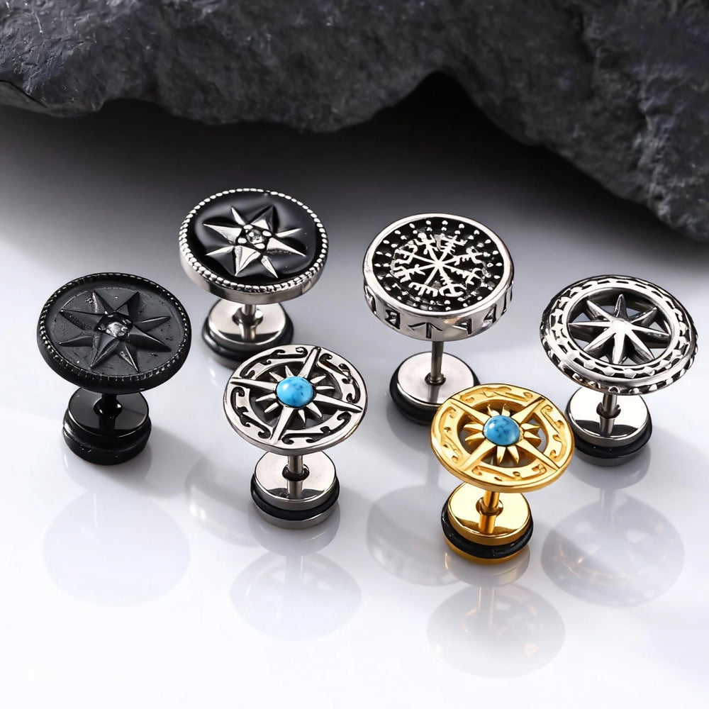 Vintage Men's Compass Stud Earrings | Stainless Steel Eight-Pointed Star Fashion Jewe alternate view