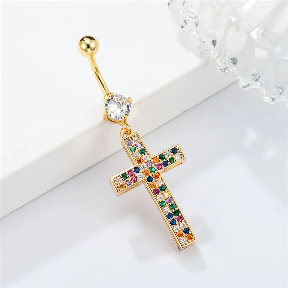 Internal Thread Titanium Navel Rings Dangle CZ Cross Jesus Mother Golden Belly Piercin close-up view